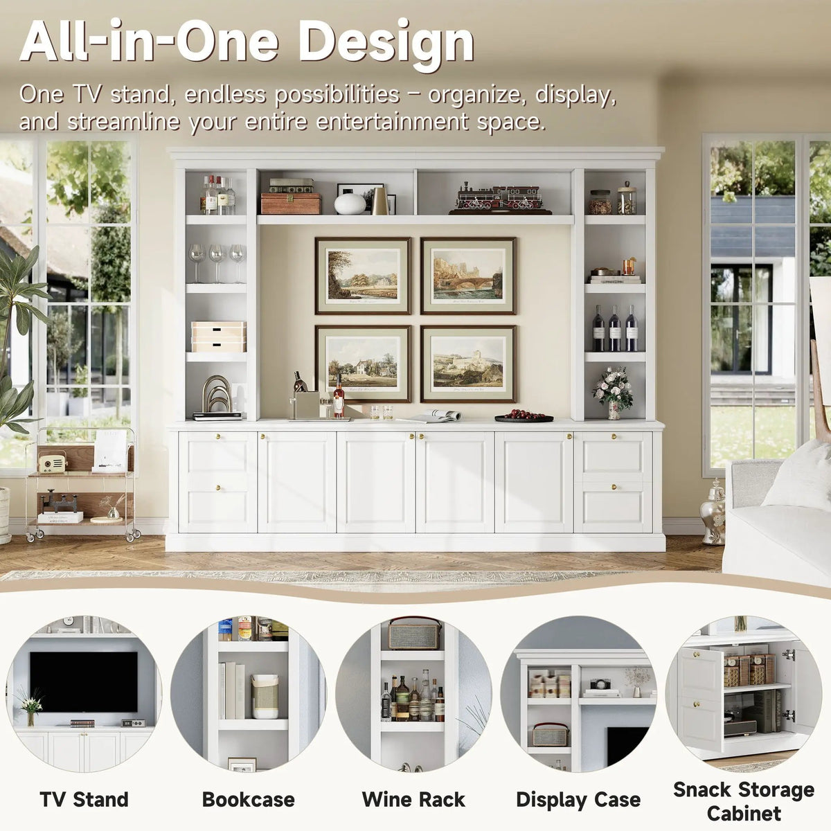TV Stand With Bookcase | 3 Adjustable Shelves | Fits 70 Inch