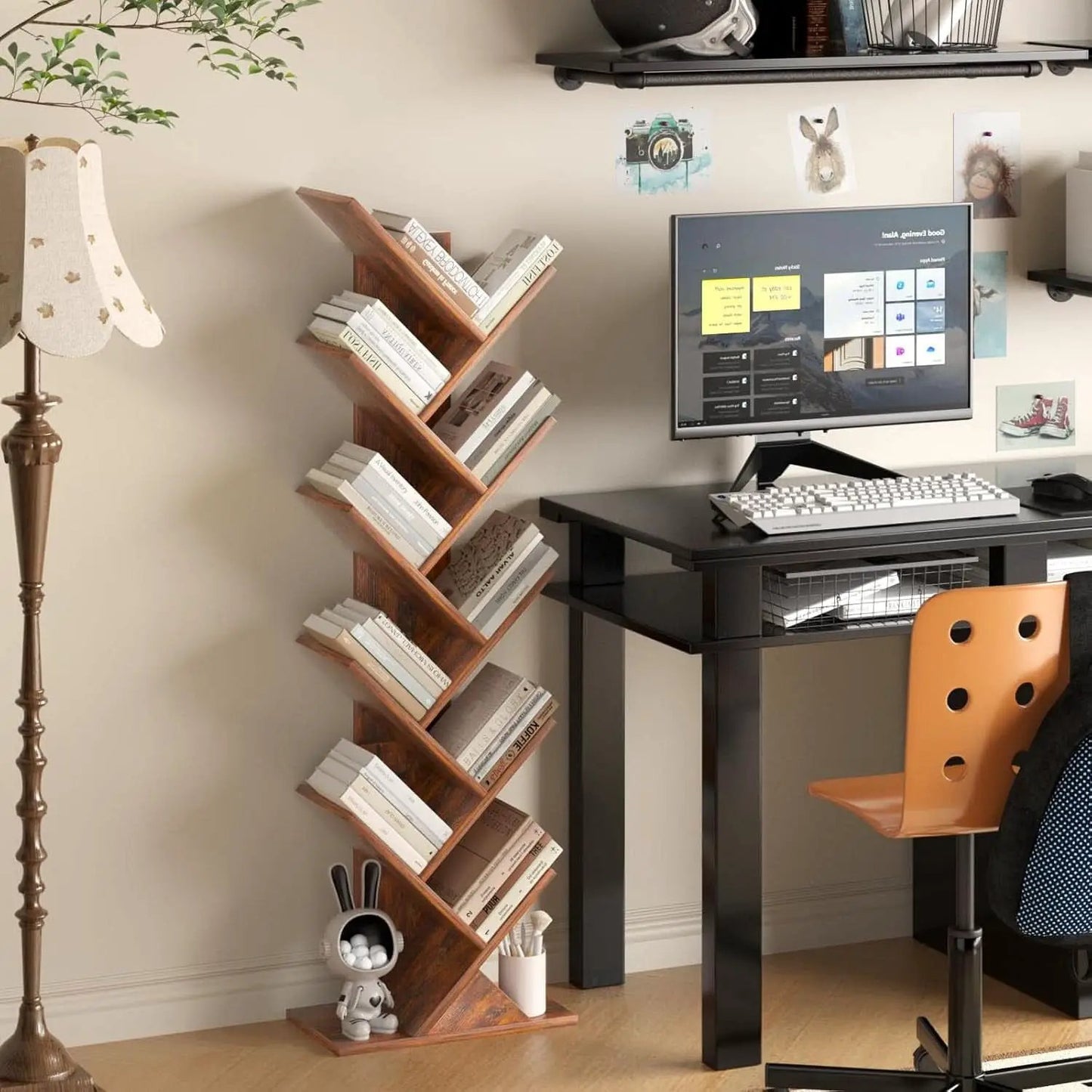 10 Tier Tree Bookshelf Brown Wood Floor Standing Bookcase For Living Room Decor Storage from PriceLows™