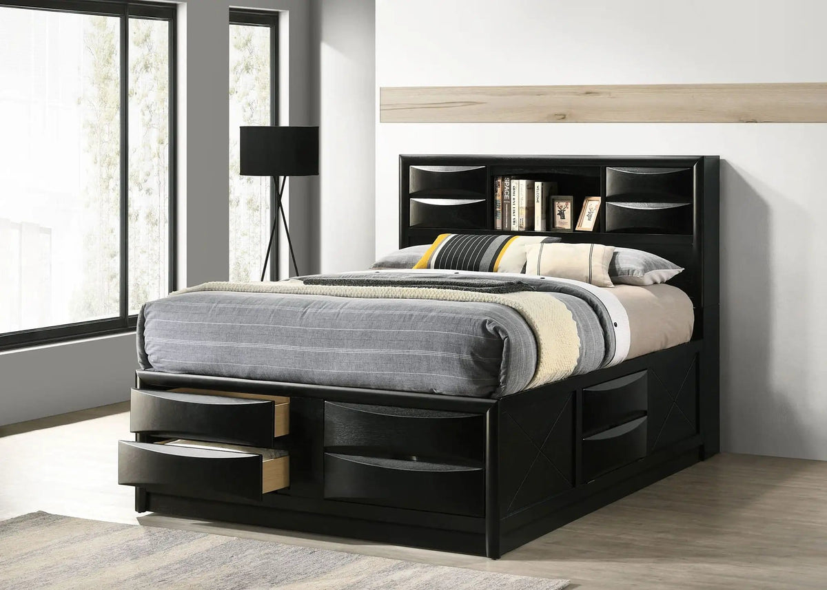 Briana Wood Queen Storage Bookcase Bed | 62.75 x 90.75 x 56 in | Rubberwood & Engineered Wood | Black