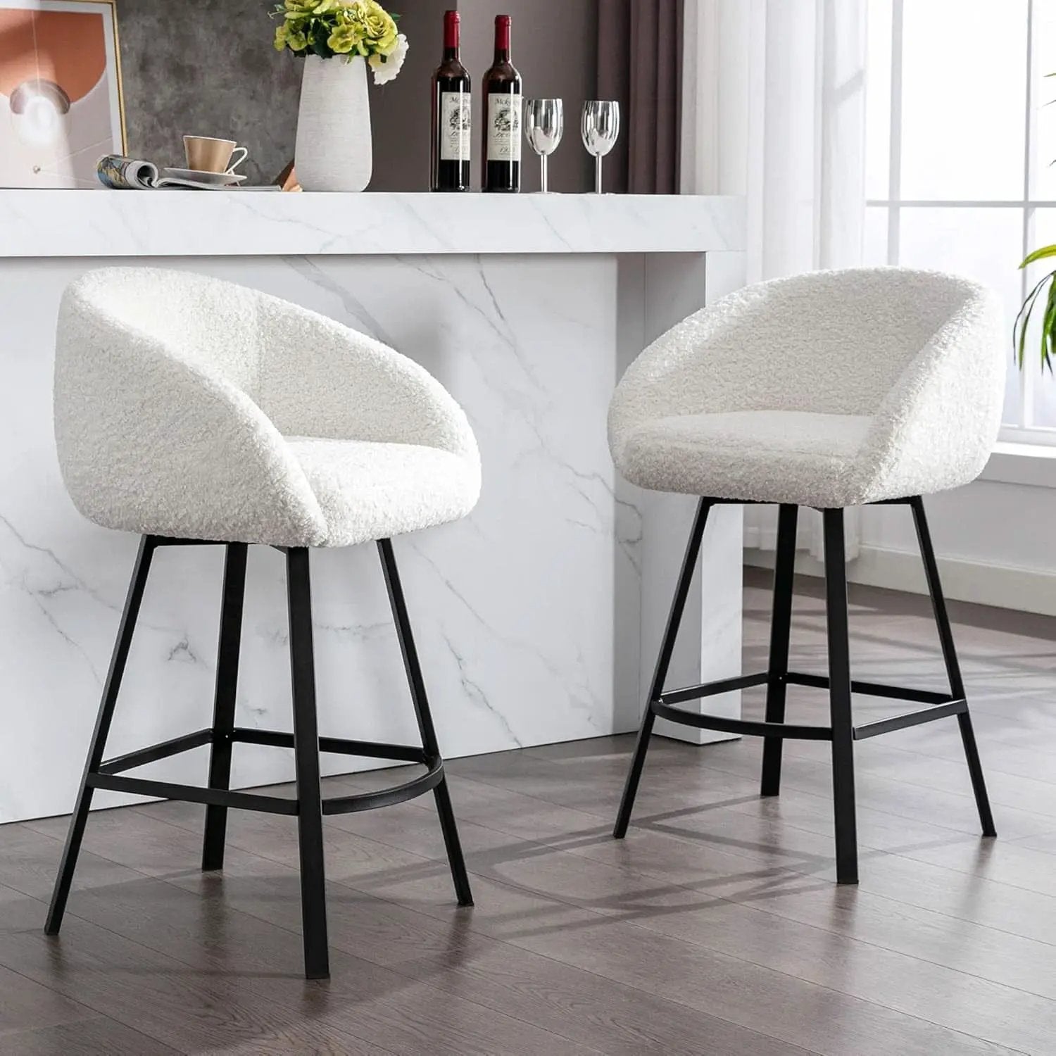 26 Inch Swivel Counter Stool White Sherpa Upholstered Bar Stool For Kitchen Counter from PriceLows™