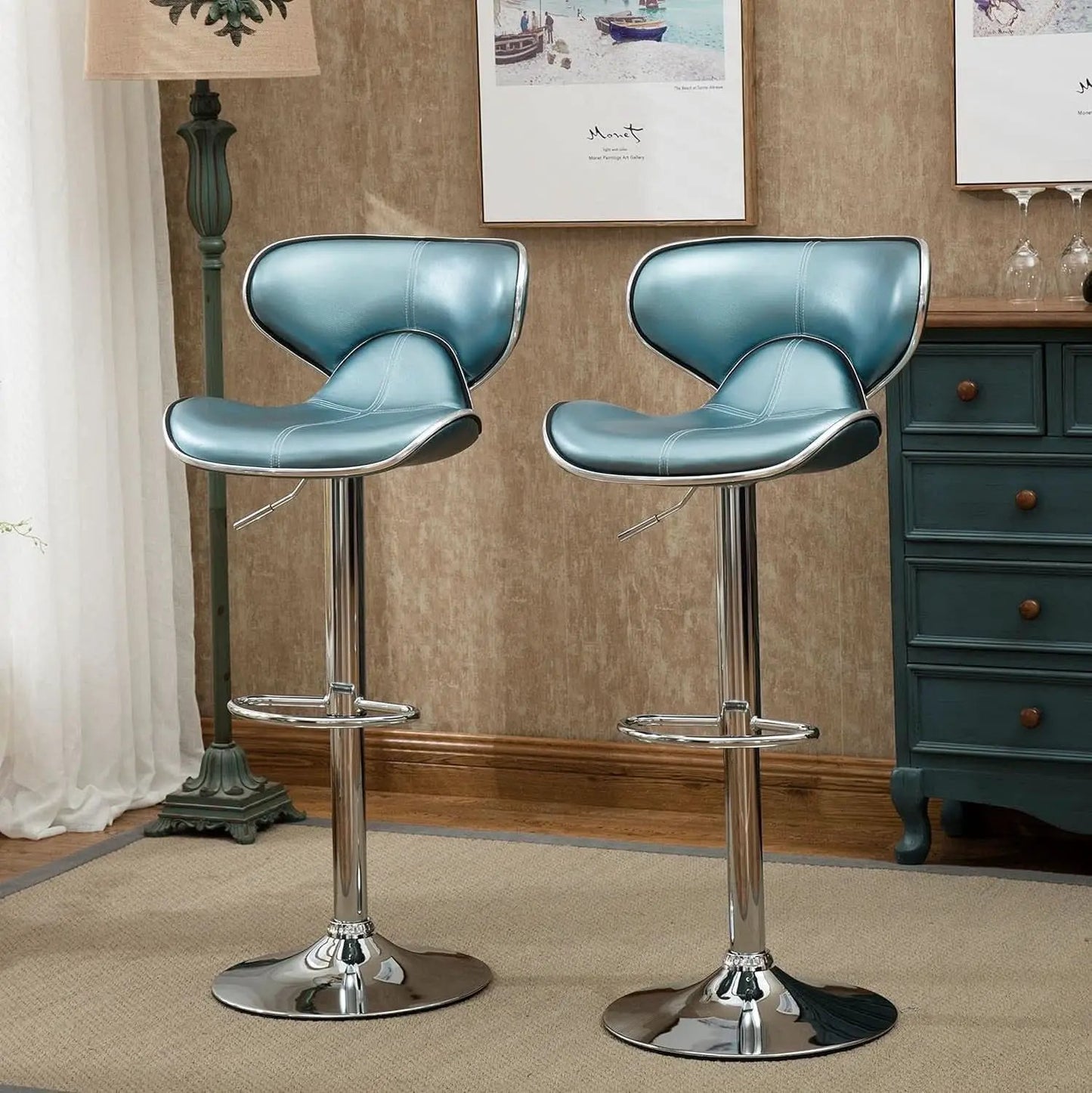 Blue Cushioned Leatherette Barstools Set Of 2 With Airlift Height And Swivel from PriceLows™