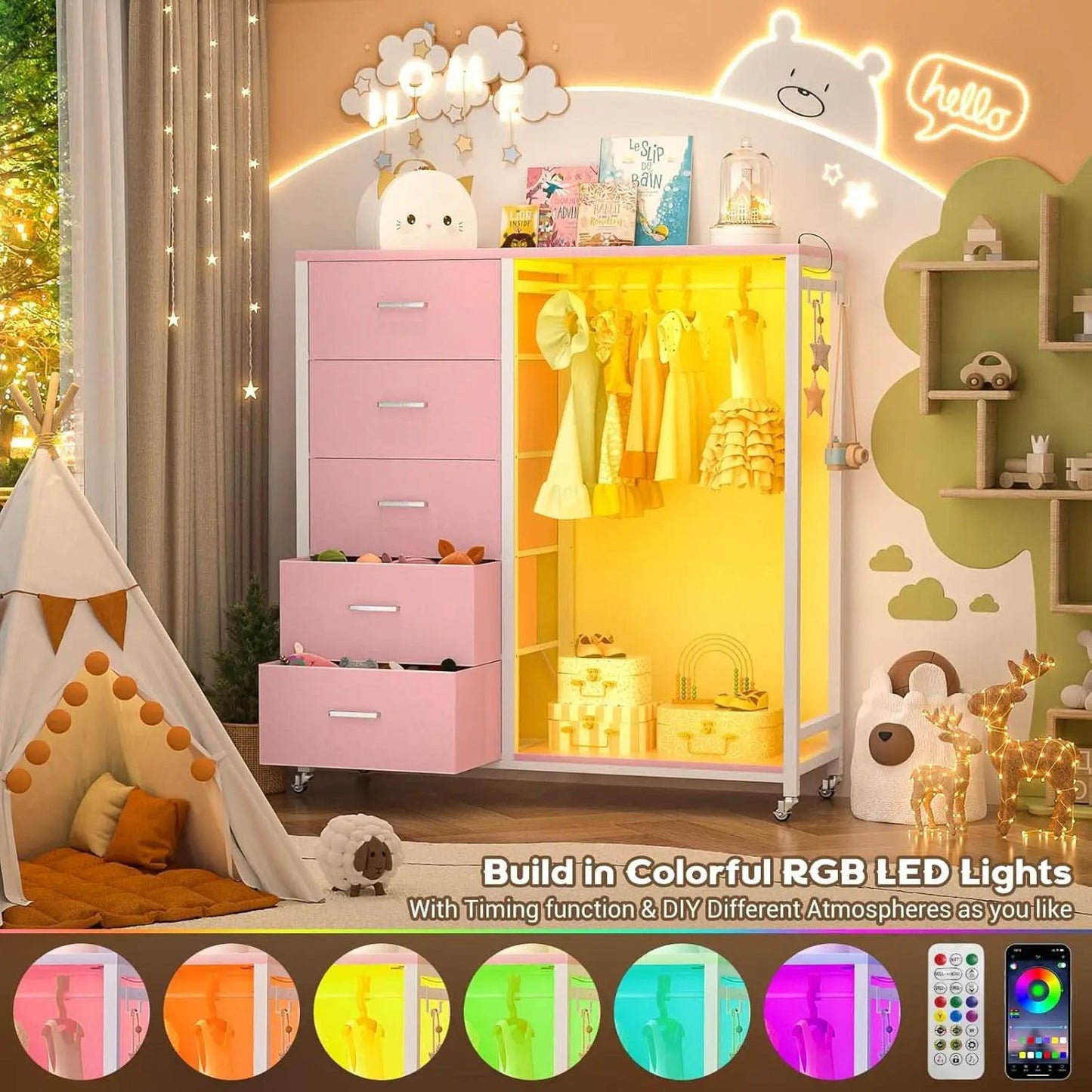Pink Dresser With Clothes Rack 5 Drawers Charging Station from PriceLows™
