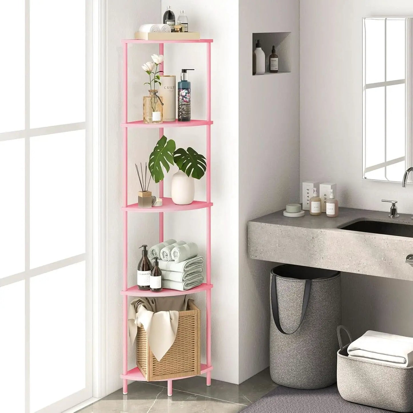 65 Inch Rustic Corner Shelf Stand 5 Tier Display Shelves from PriceLows™