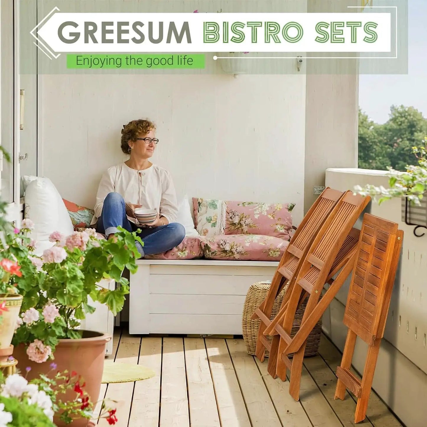 3 Piece Patio Folding Bistro Set With 2 Cushions Acacia Wood Outdoor Furniture For Pool And Garden from PriceLows™