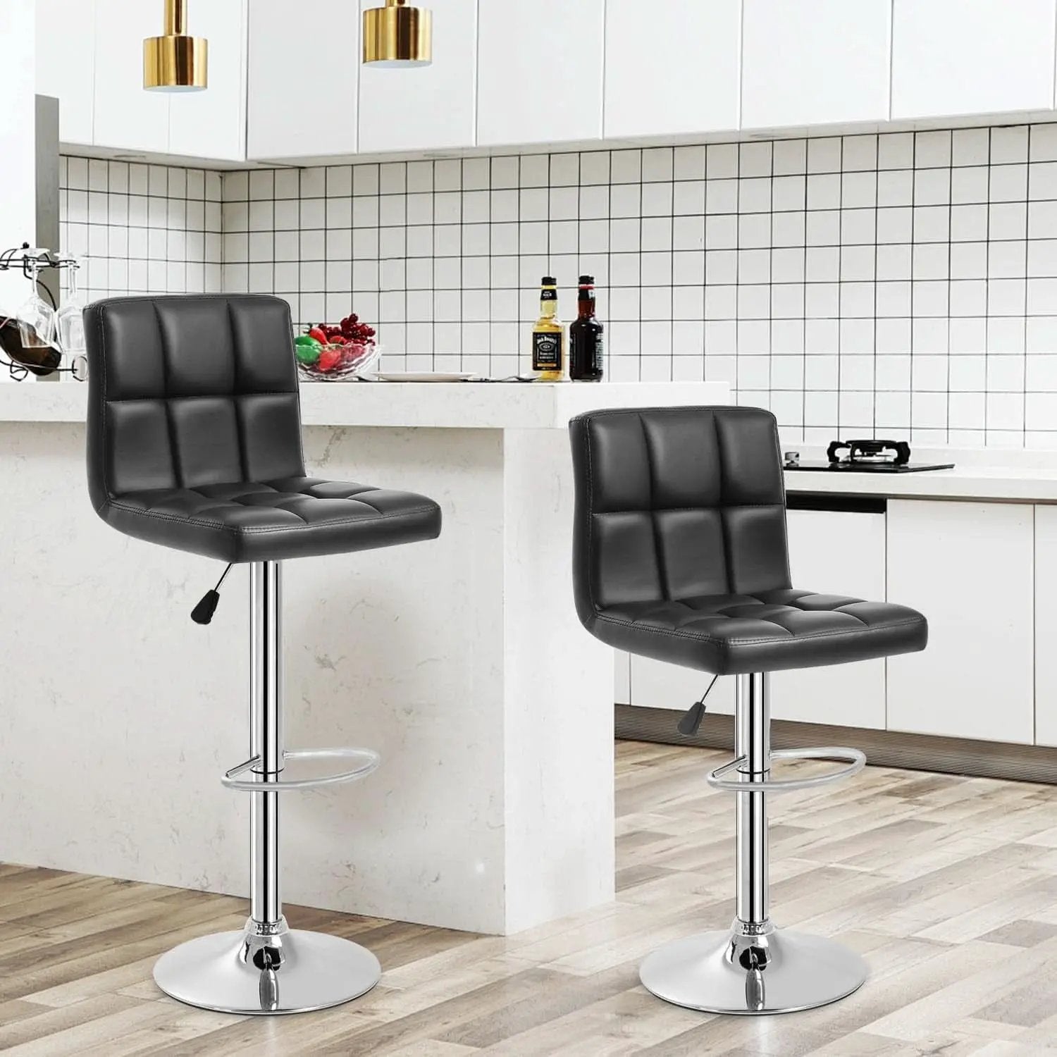 Counter Height Swivel Bar Stool Set Of 2 PU Leather Black from PriceLows™