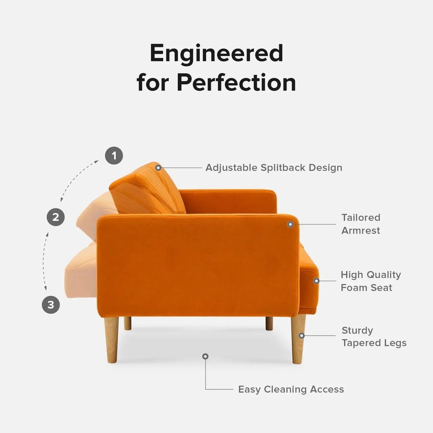 Chloe Futon Sofa Bed With Tapered Legs Adjustable Back from PriceLows™