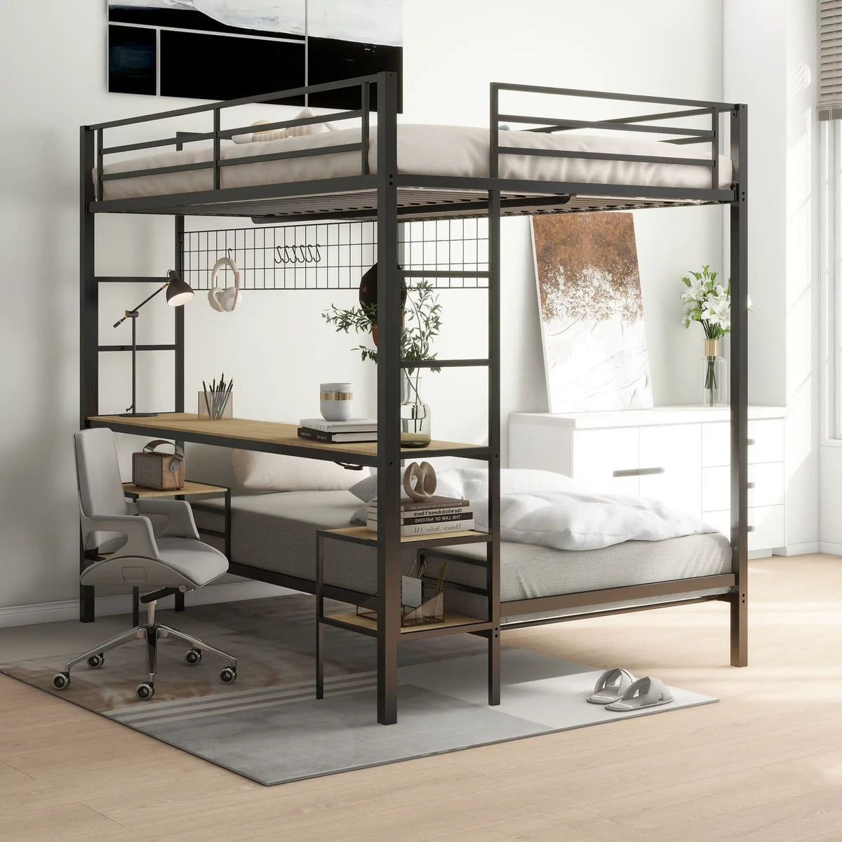 Ethan Bunk Bed With Desk, Charging Station, Storage Shelves | 2 Pieces | Metal | Bedroom