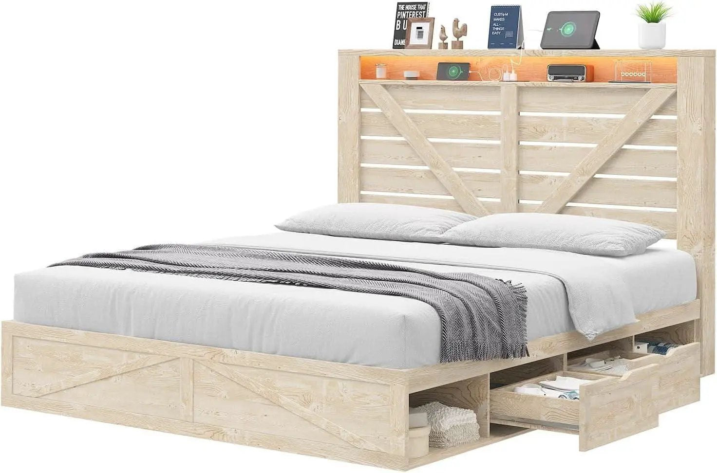 Queen Size Farmhouse Storage Bed With LED Lighting from PriceLows™