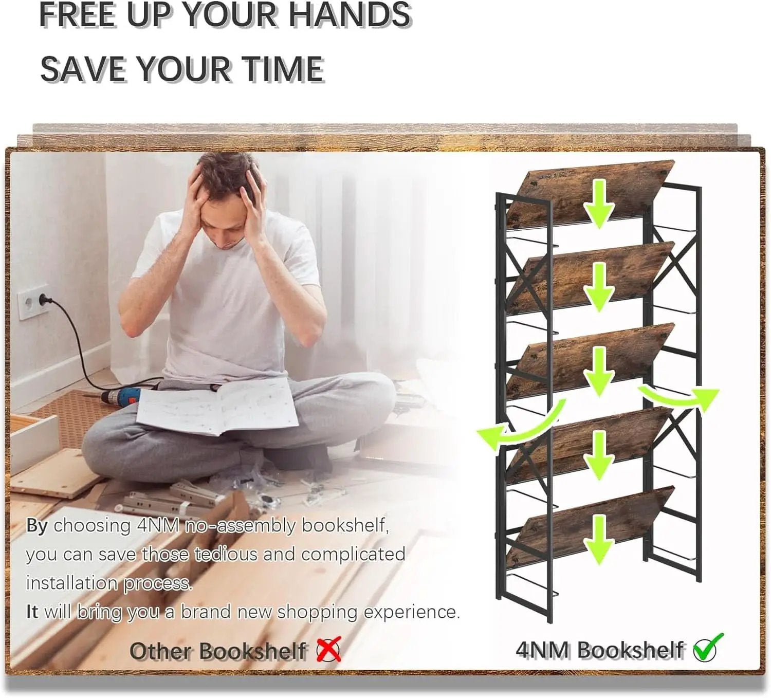 5 Tier Folding Bookshelf No Assembly Rustic Brown Storage from PriceLows™
