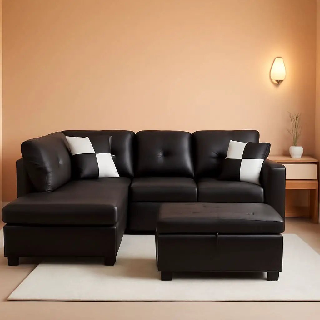 Faux Leather Sectional Sofa With Chaise Black For Living from PriceLows™