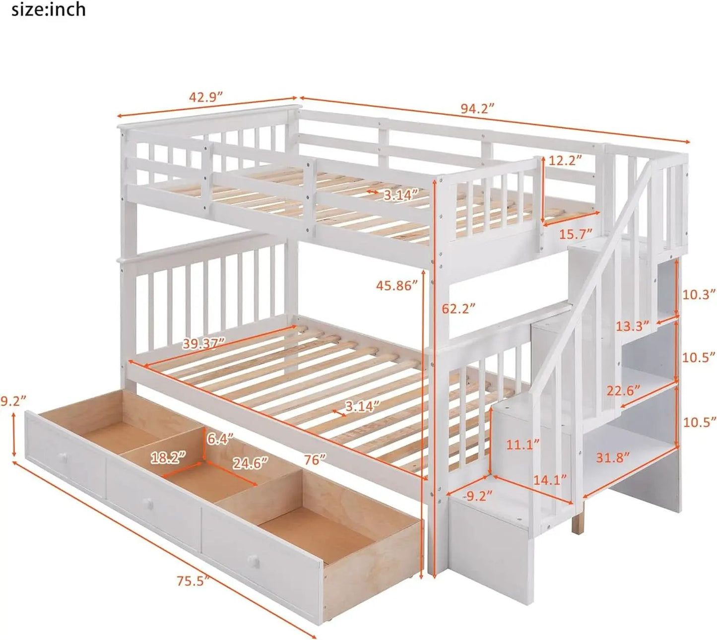 Twin Over Twin Bunk Bed With Stairs Guard Rail And Storage Drawers White from PriceLows™