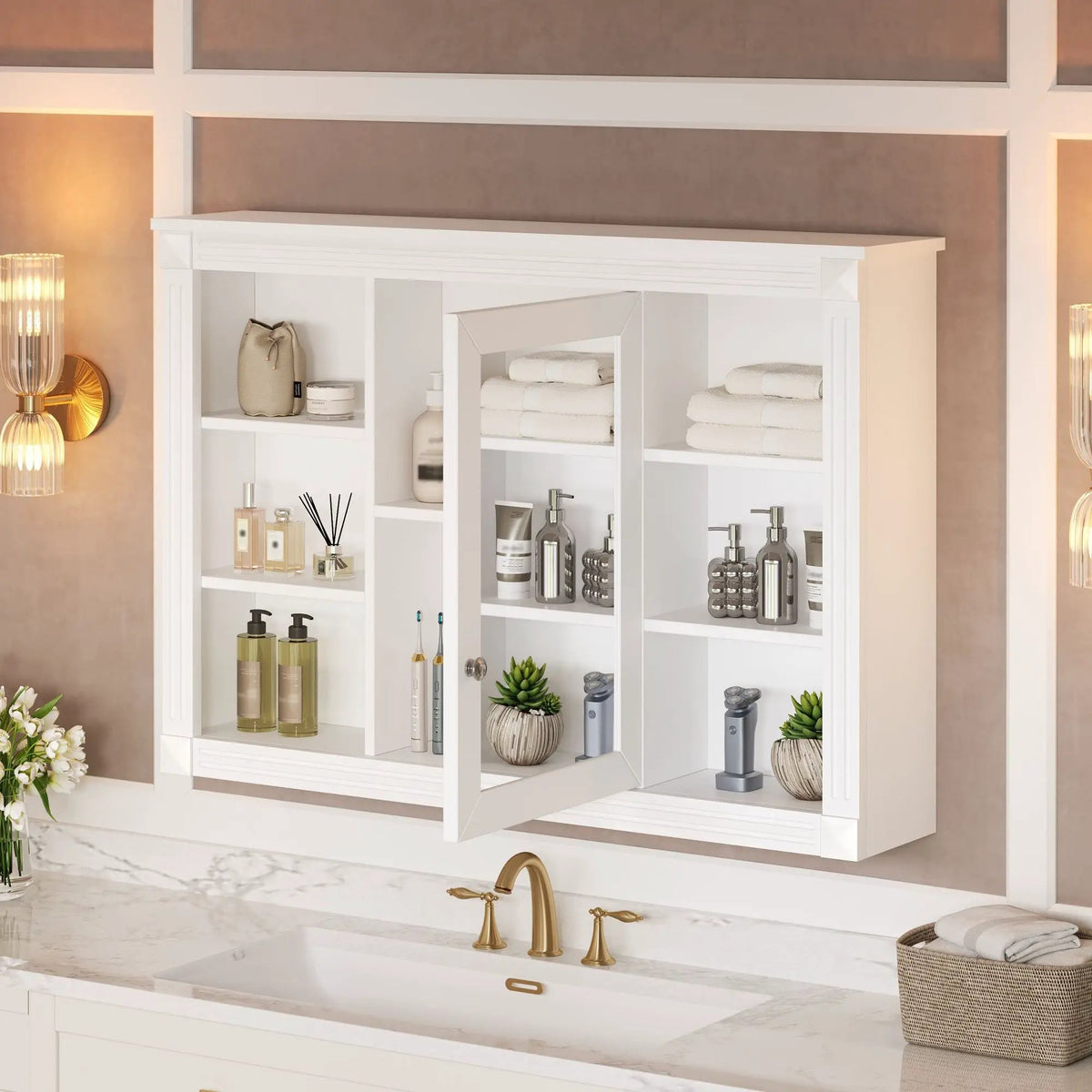 Wall Mount Bathroom Cabinet | With Mirror | 6 Open Shelves | White