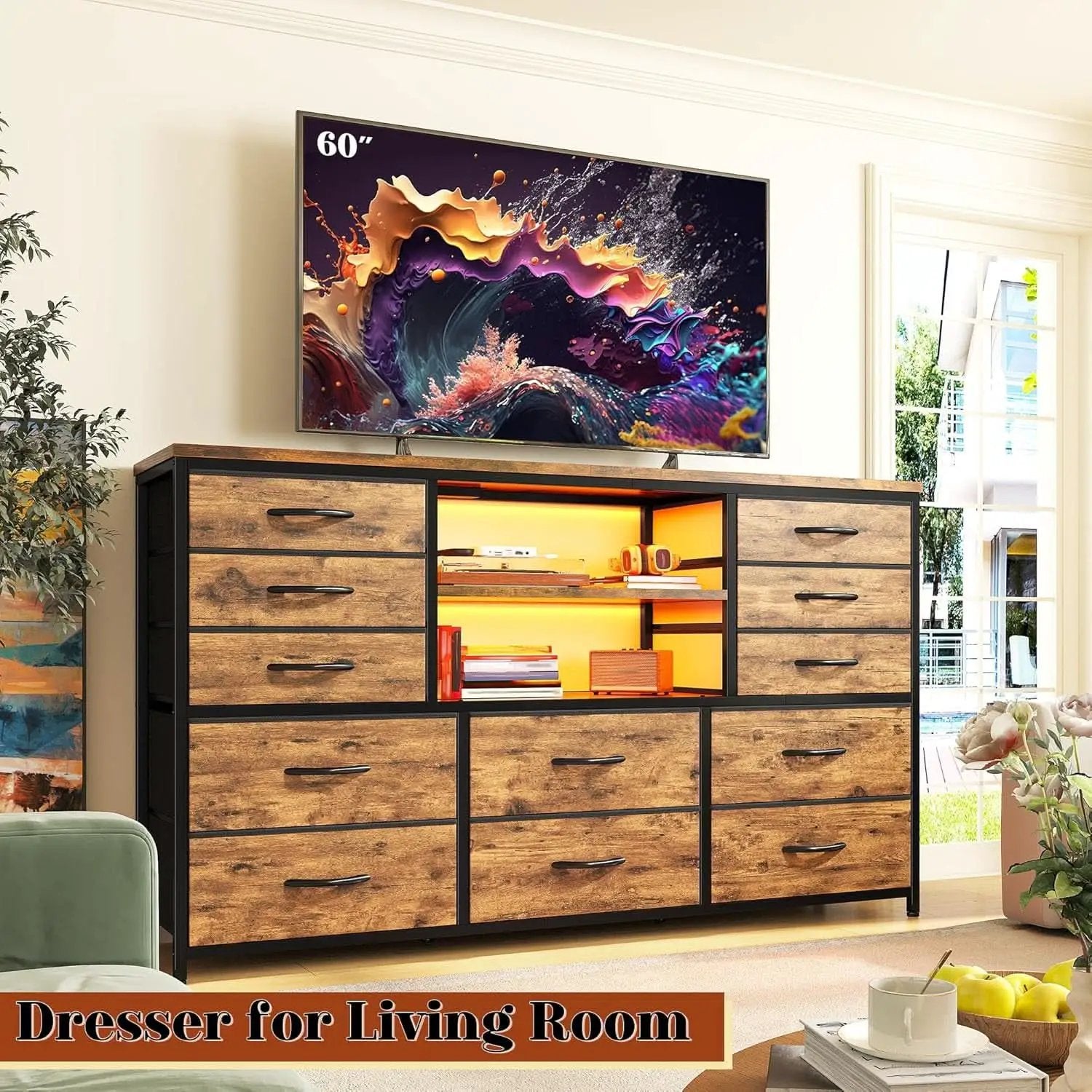 Dresser With LED Lights And Power Outlets 12 Fabric Drawers from PriceLows™