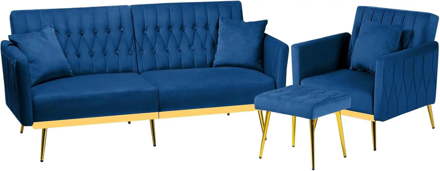 Velvet Futon Sofa Set Two Piece With Convertible Sofa Bed And Tufted Accent Chair In Blue from PriceLows™