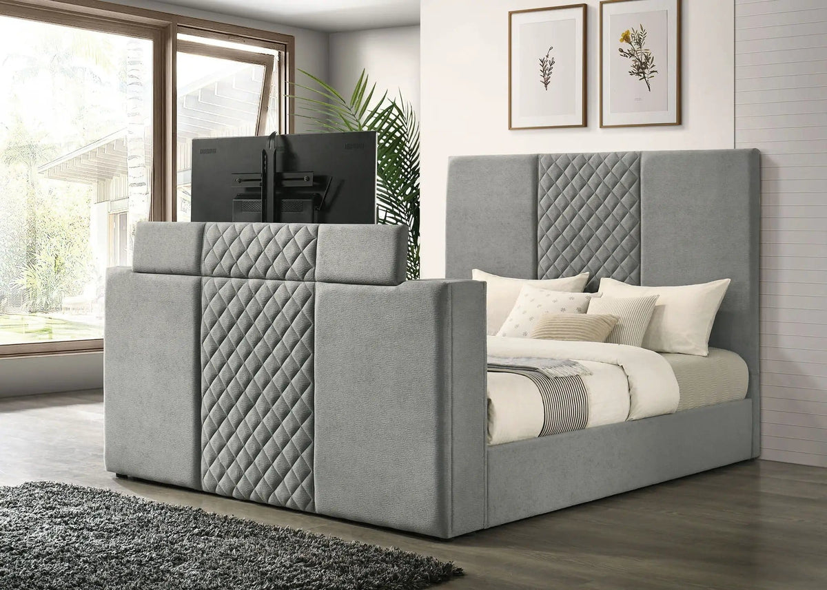 Tara 61-inch Upholstered Eastern King Panel TV Bed | 79.25 x 95.25 x 60.75 in | Velvet & Wood | Grey