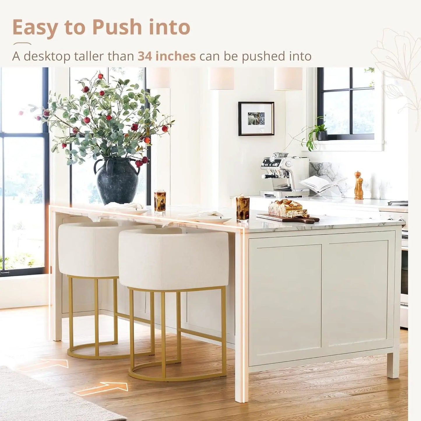 27 Inch Counter Height Bar Stools With Backrest And Arms Gold Metal Frames Beige Linen Upholstery from PriceLows™