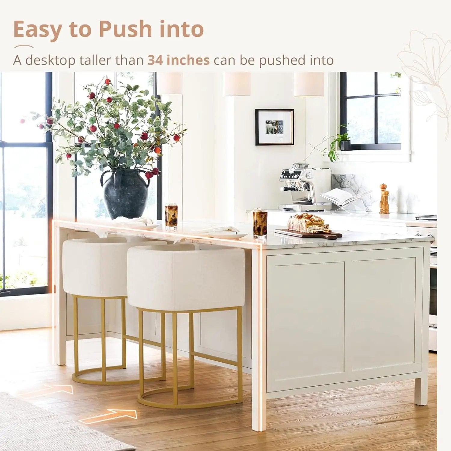 27 Inch Counter Height Bar Stools With Backrest And Arms Gold Metal Frames Beige Linen Upholstery from PriceLows™