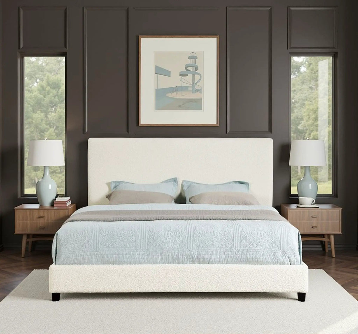 Platform Bed | Upholstered Headboard | Laminated Veneer Lumber | CNC-Cut Plywood Frame