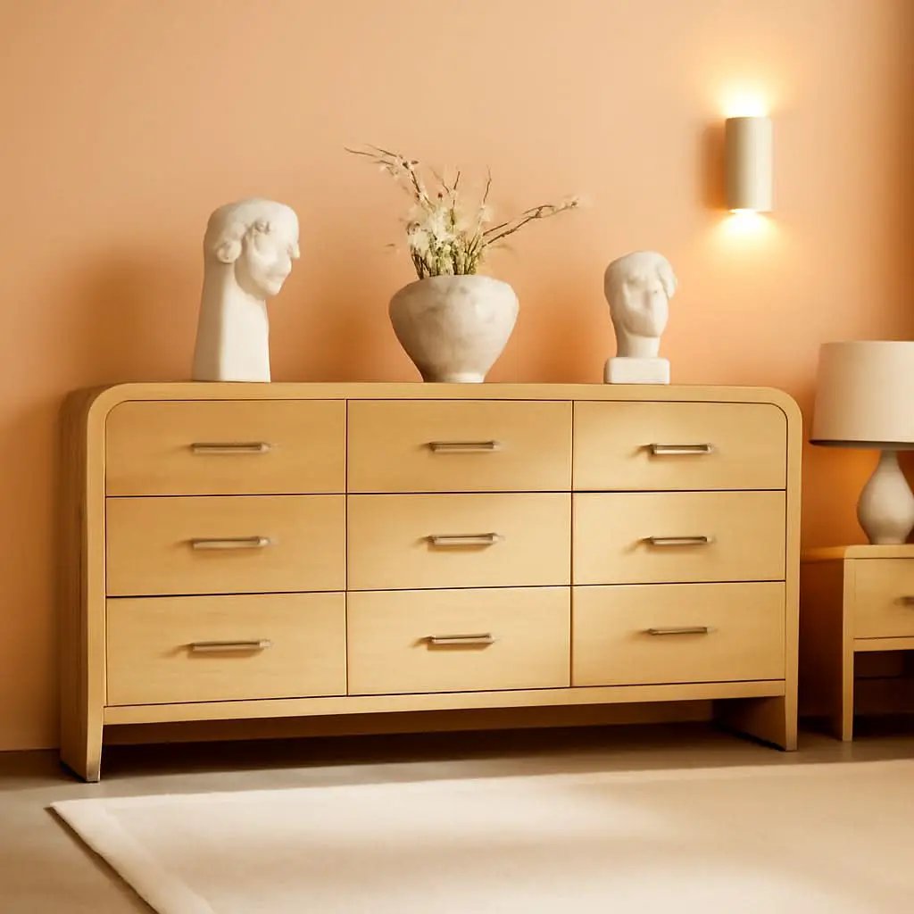 SolidOak Curved Nine Drawer Dresser SixtyThreeInches from PriceLows™