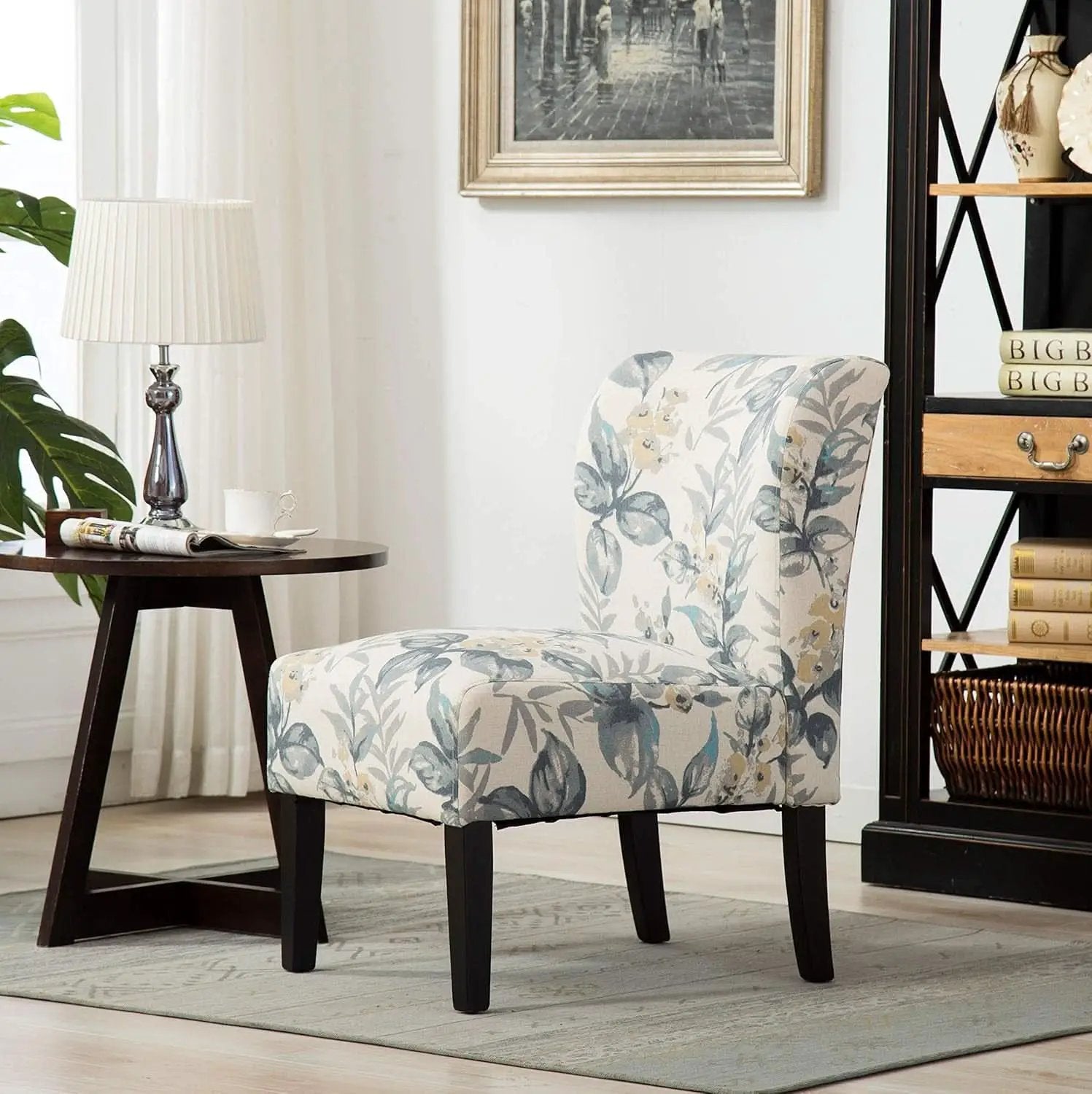 Armless Contemporary Chair With Blue Leaves Upholstery from PriceLows™