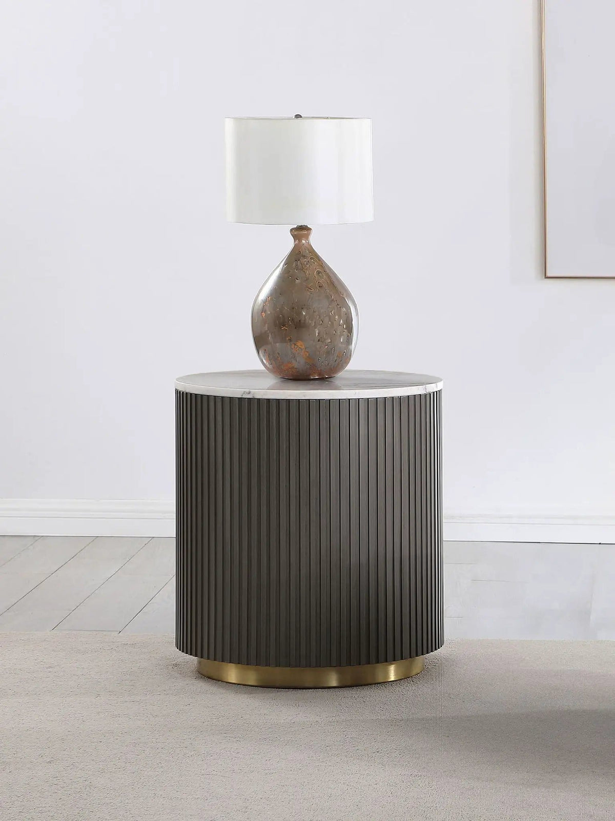 Jason Round White Marble Top Side End Table | 22 x 22 x 24.25 in | Engineered Wood & Marble | Charcoal