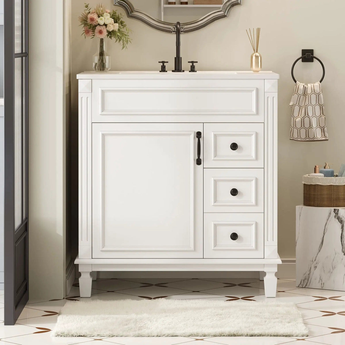 Bathroom Vanity With Sink, Cabinet With 2 Drawers And Adjustable Shelf | 2 Pieces | Solid Wood & Iron | Bathroom