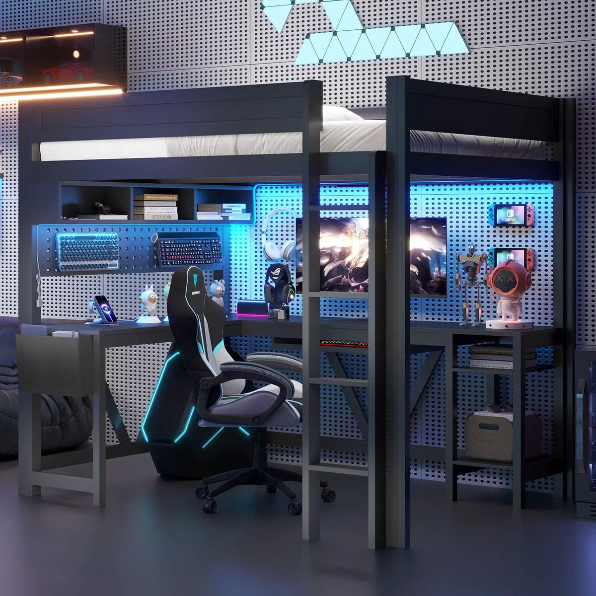 Gaming Loft Bed With Desk | Open Shelf And Fabric Storage Bag | Adjustable LED | Charging Station