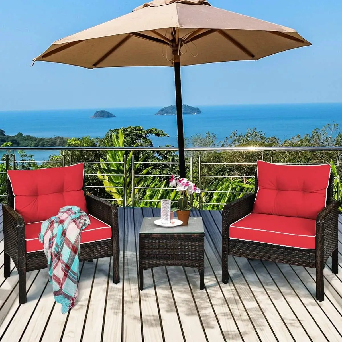 Red 3 Piece Outdoor Patio Furniture Set With Wicker Chairs And Glass Top Coffee Table from PriceLows™