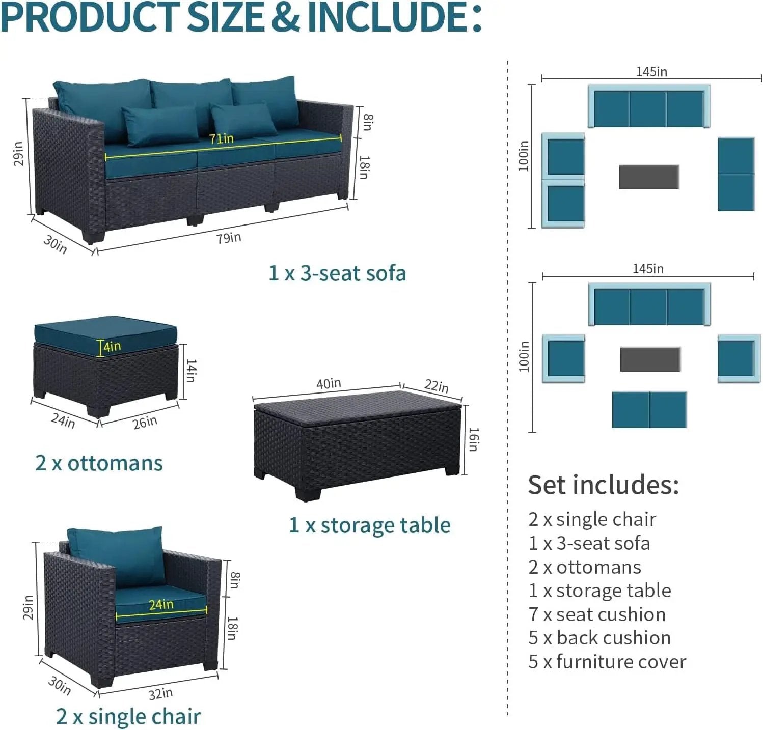 Patio Furniture Set 6 Pieces Peacock Blue Cushions Included from PriceLows™