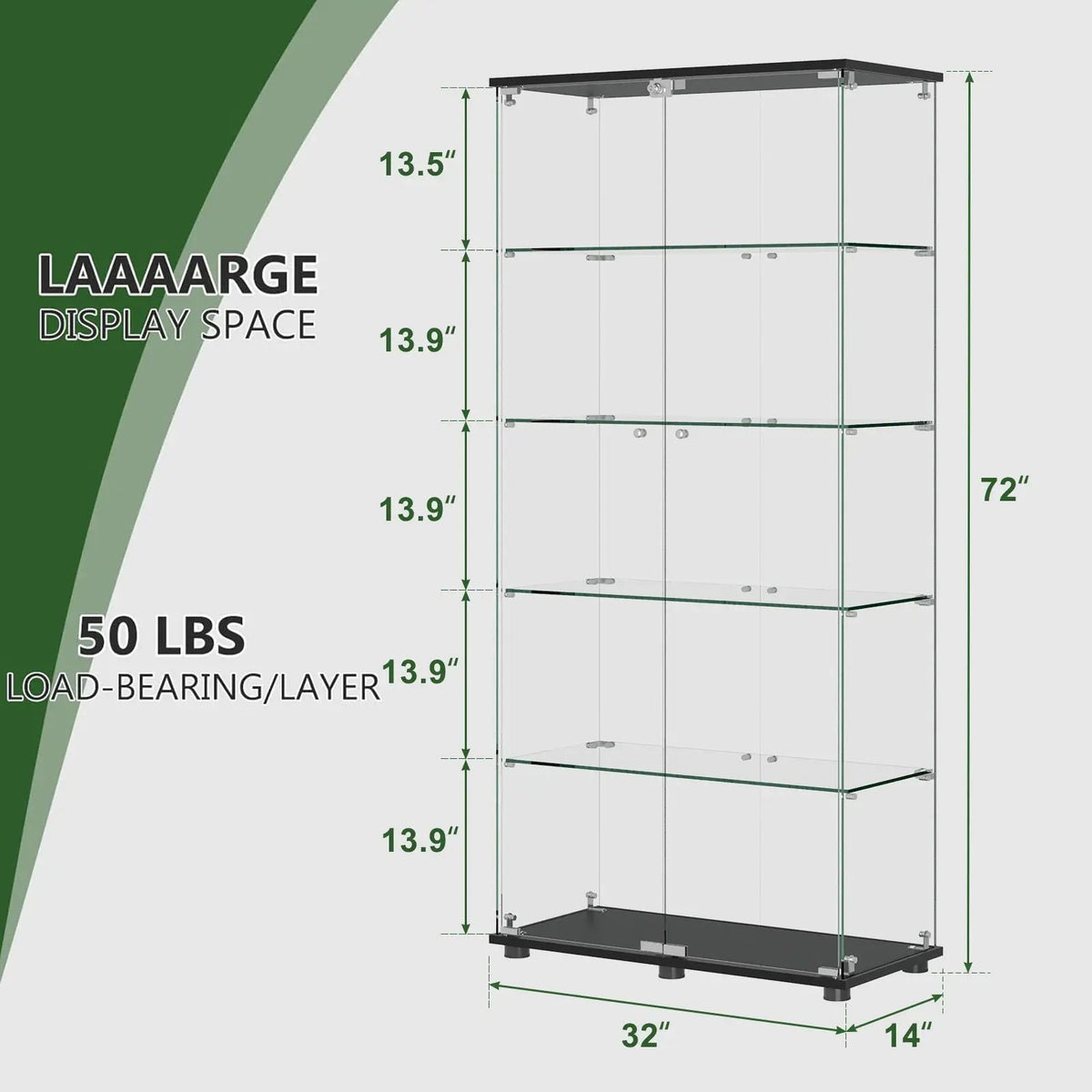 Display Cabinet With Lock | Double Doors | 5mm Tempered Glass Shelves | 50 Lb Shelf Capacity