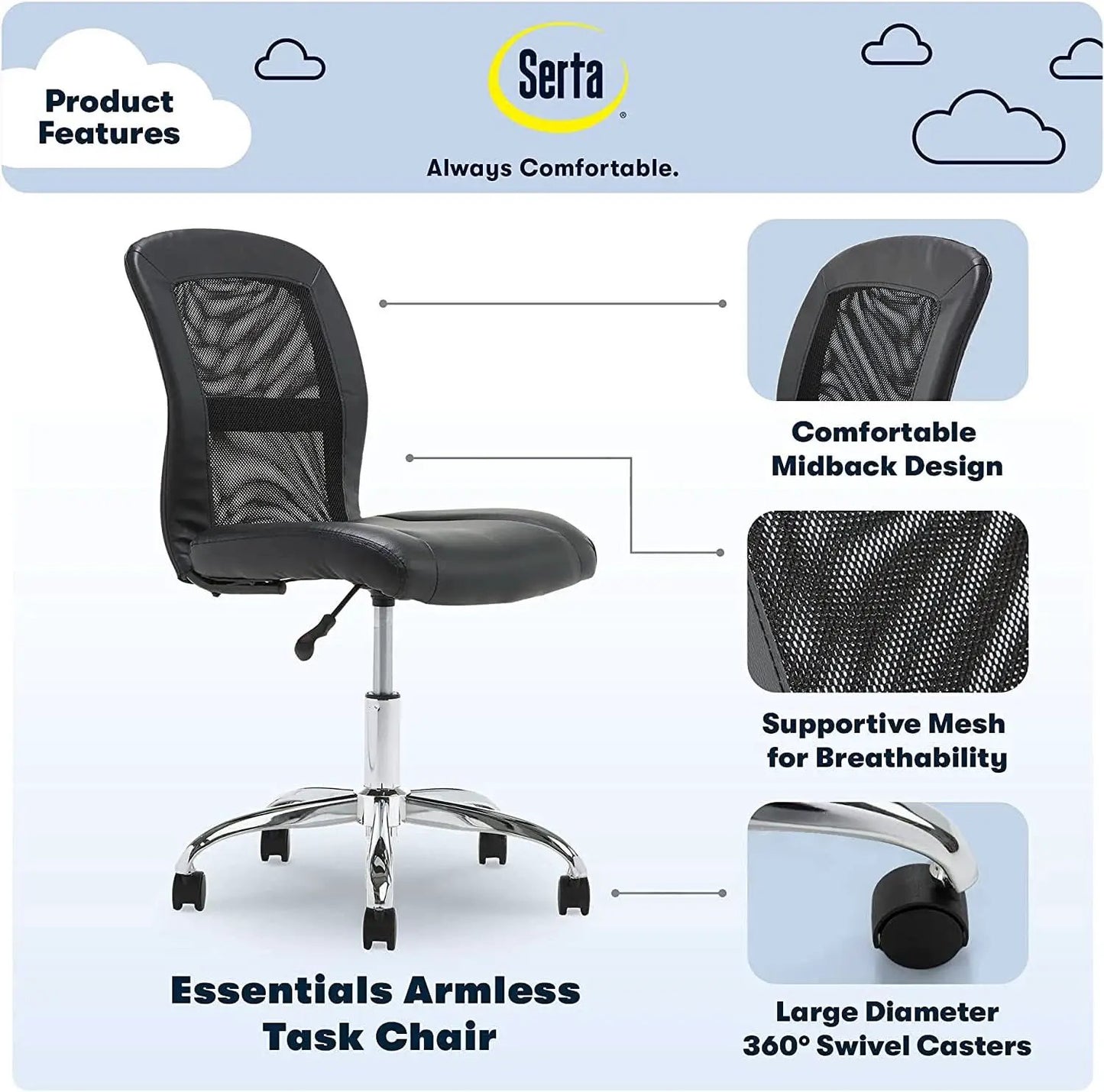 Armless Desk Chair With Mesh Back And Wheels Black from PriceLows™