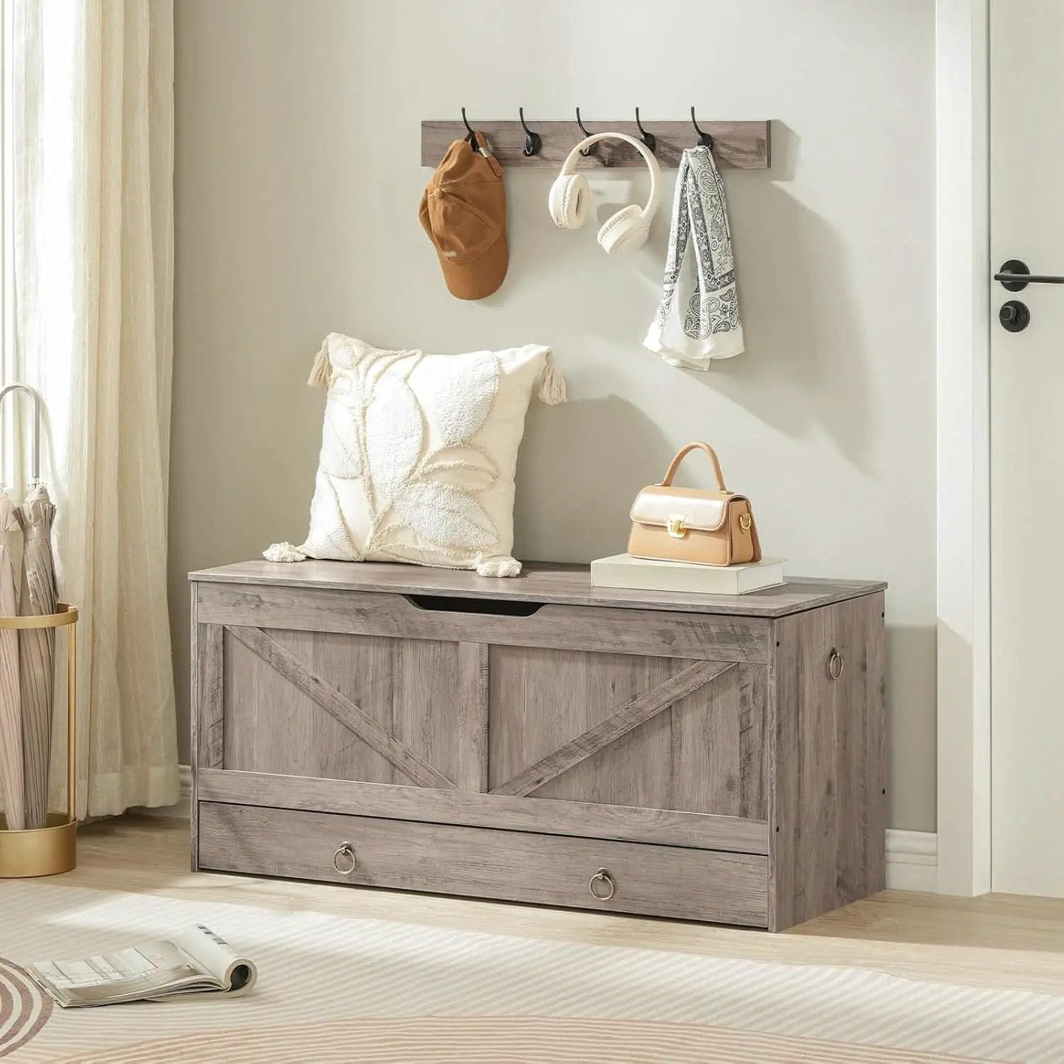 SolidWoodFinish Storage Bench Greige 43Inch Drawer from PriceLows™