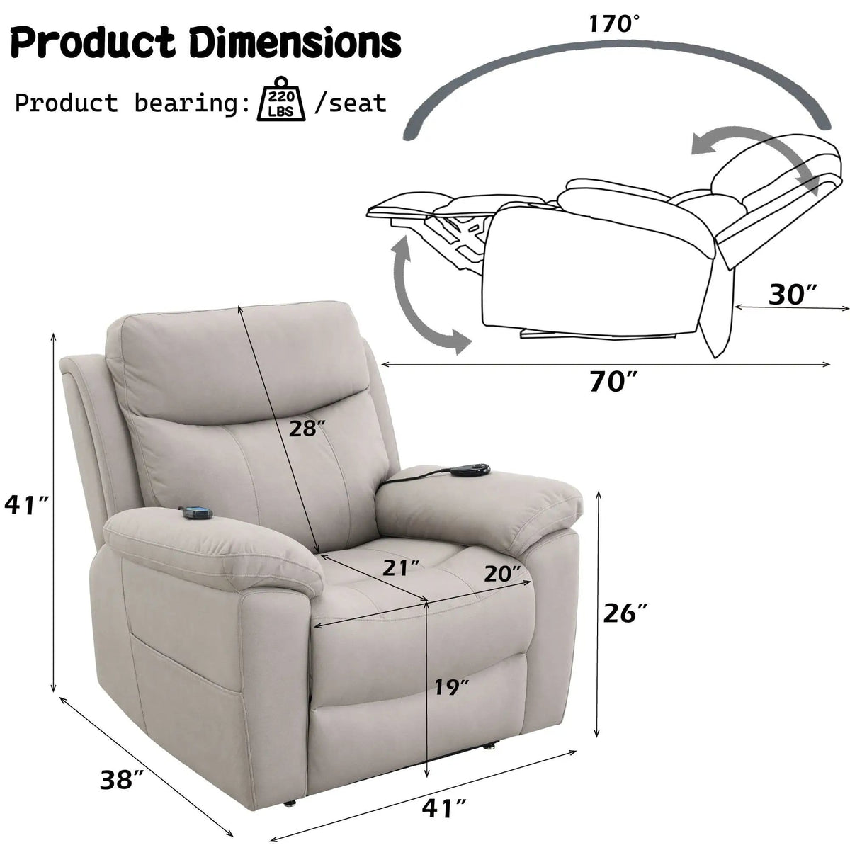 Chriki Power Motion Recliner With Lift Heating Massage Chair | 38 x 41 x 41 in | Living Room Furniture | Beige
