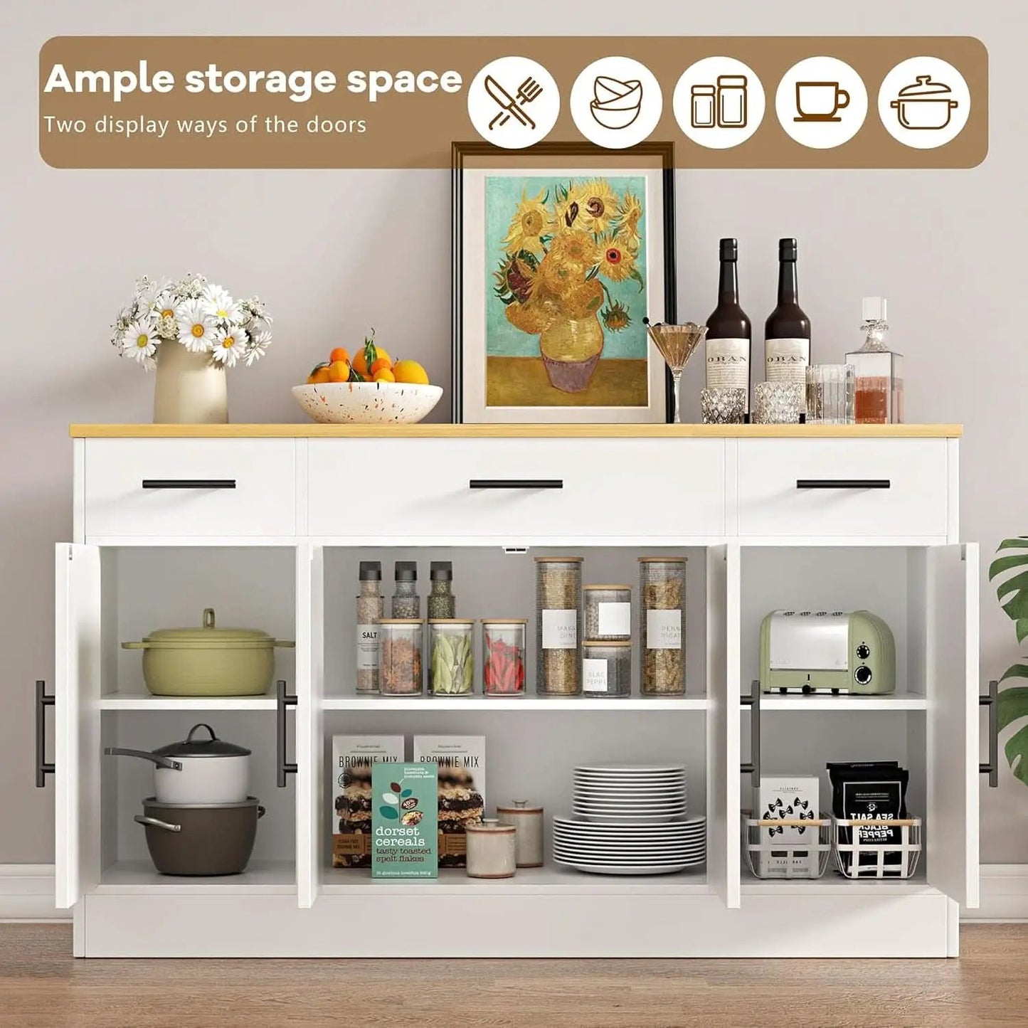 53 Inch White Buffet Cabinet With Drawers For Dining Room from PriceLows™