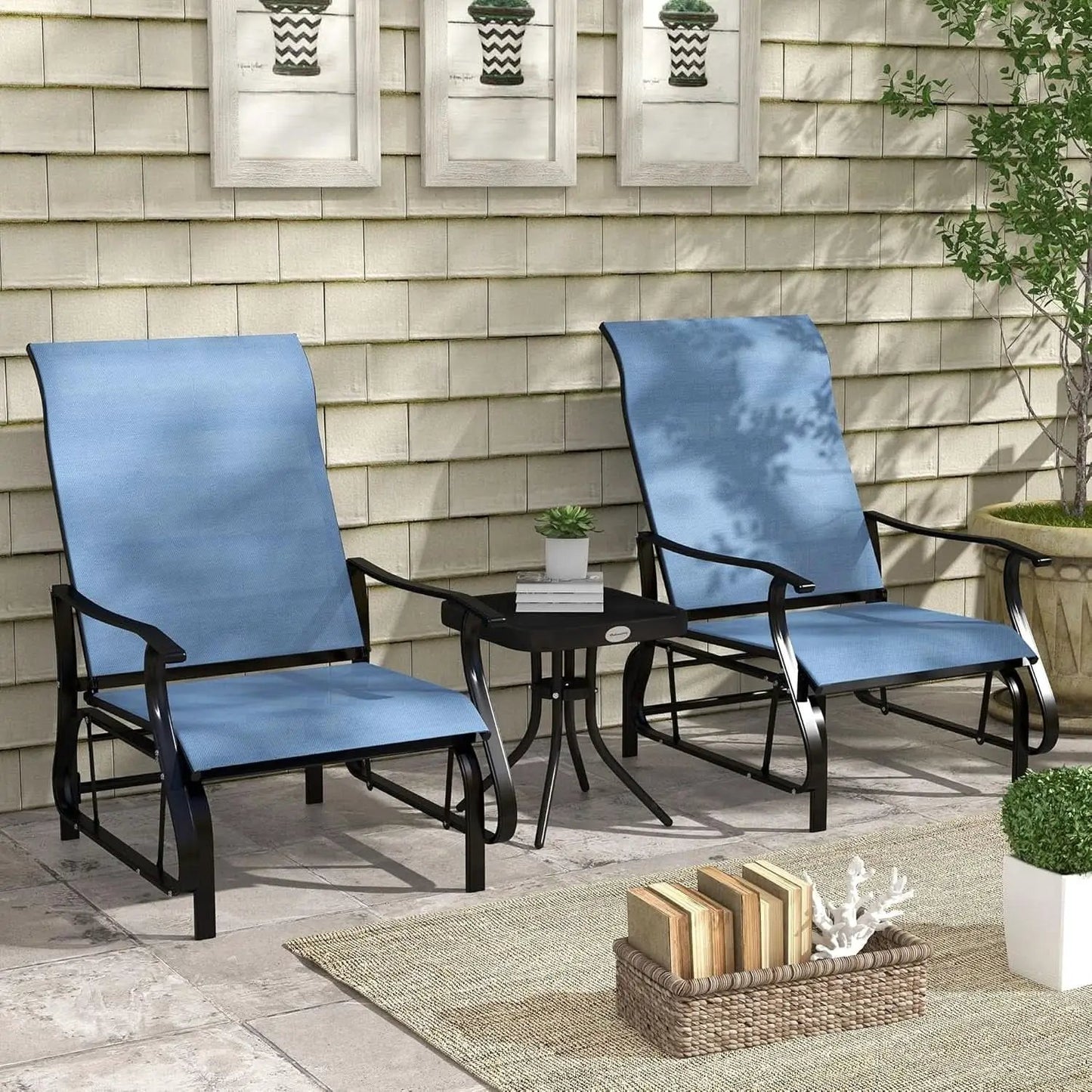 Light Blue Outdoor Glider Set With Steel Frame Glass Table from PriceLows™