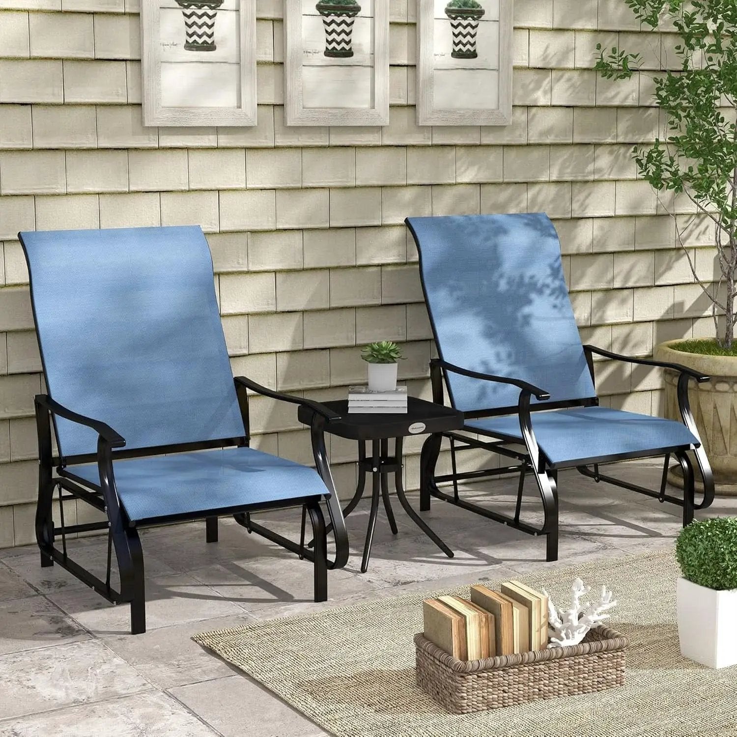 Light Blue Outdoor Glider Set With Steel Frame Glass Table from PriceLows™