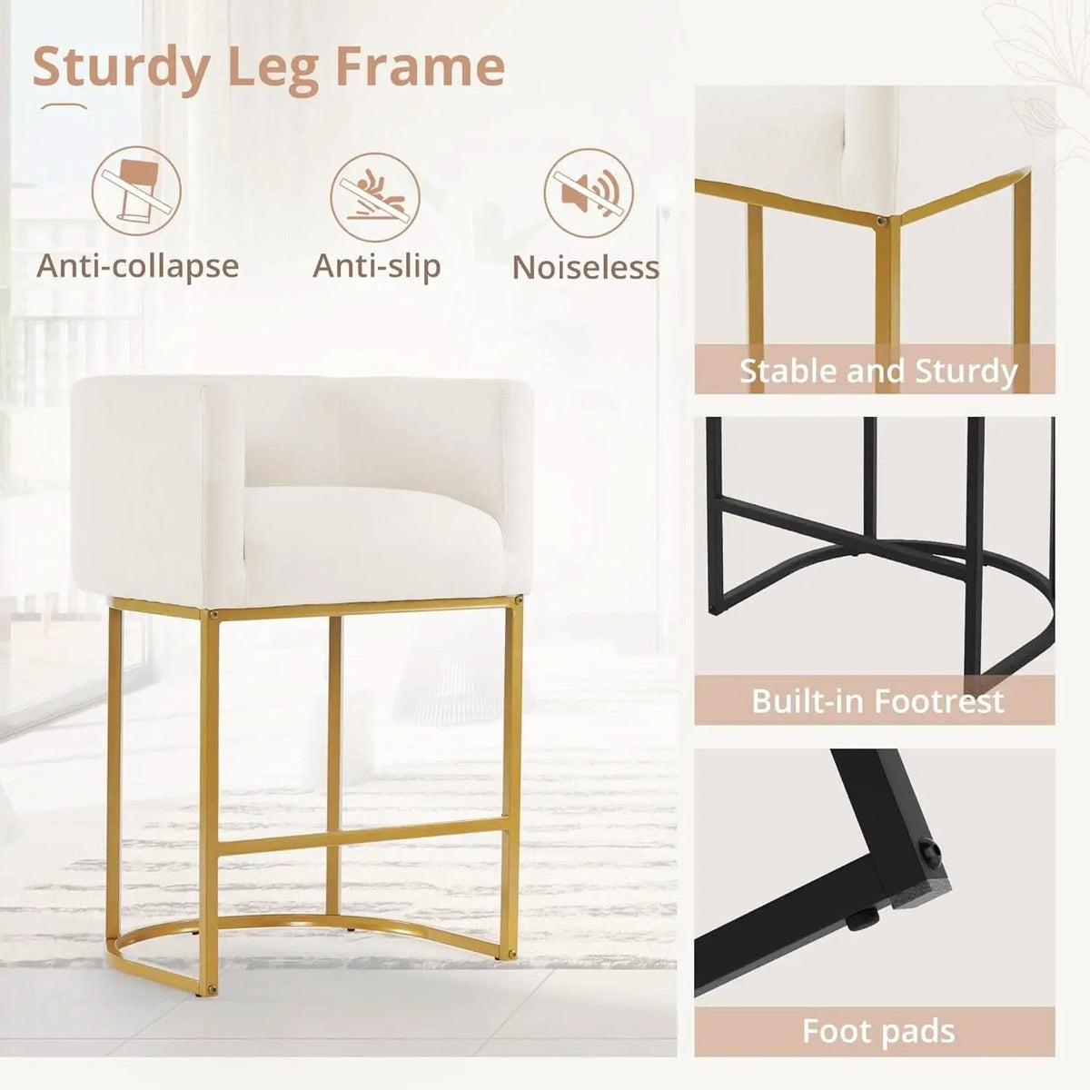 27 Inch Counter Height Bar Stools With Backrest And Arms Gold Metal Frames Beige Linen Upholstery from PriceLows™
