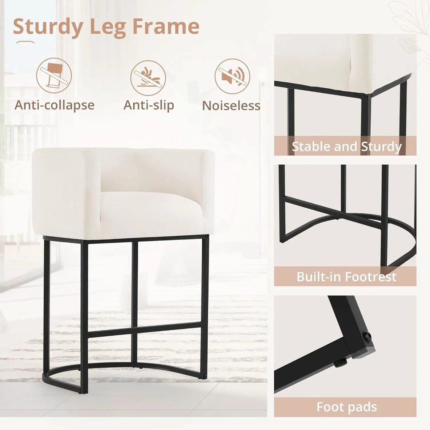 27 Inch Counter Height Bar Stools Set Of 4 With Backrest And Armrests Beige Linen Upholstery Black Metal Frame from PriceLows™