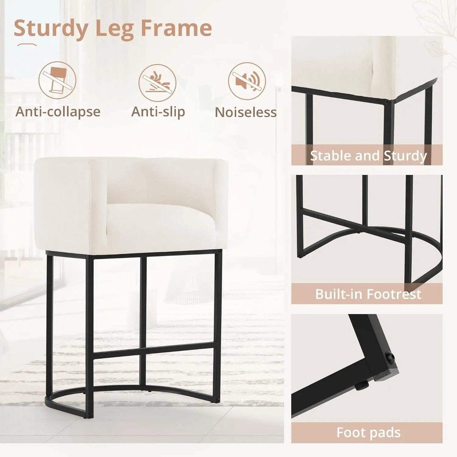 27 Inch Counter Height Bar Stools Set Of 4 With Backrest And Armrests Beige Linen Upholstery Black Metal Frame from PriceLows™