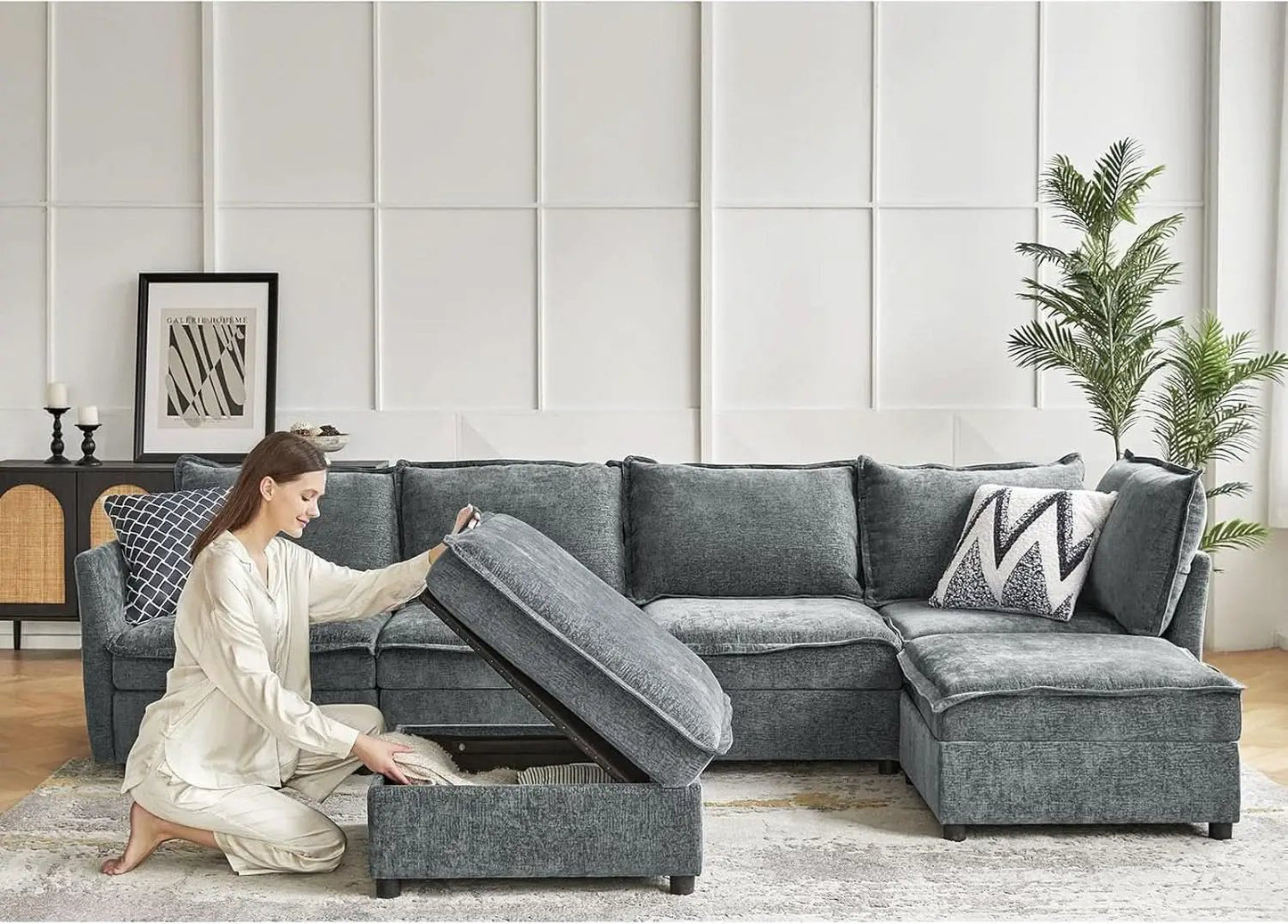 127 Inch Grey Modular Sectional Sofa With Storage Ottoman from PriceLows™