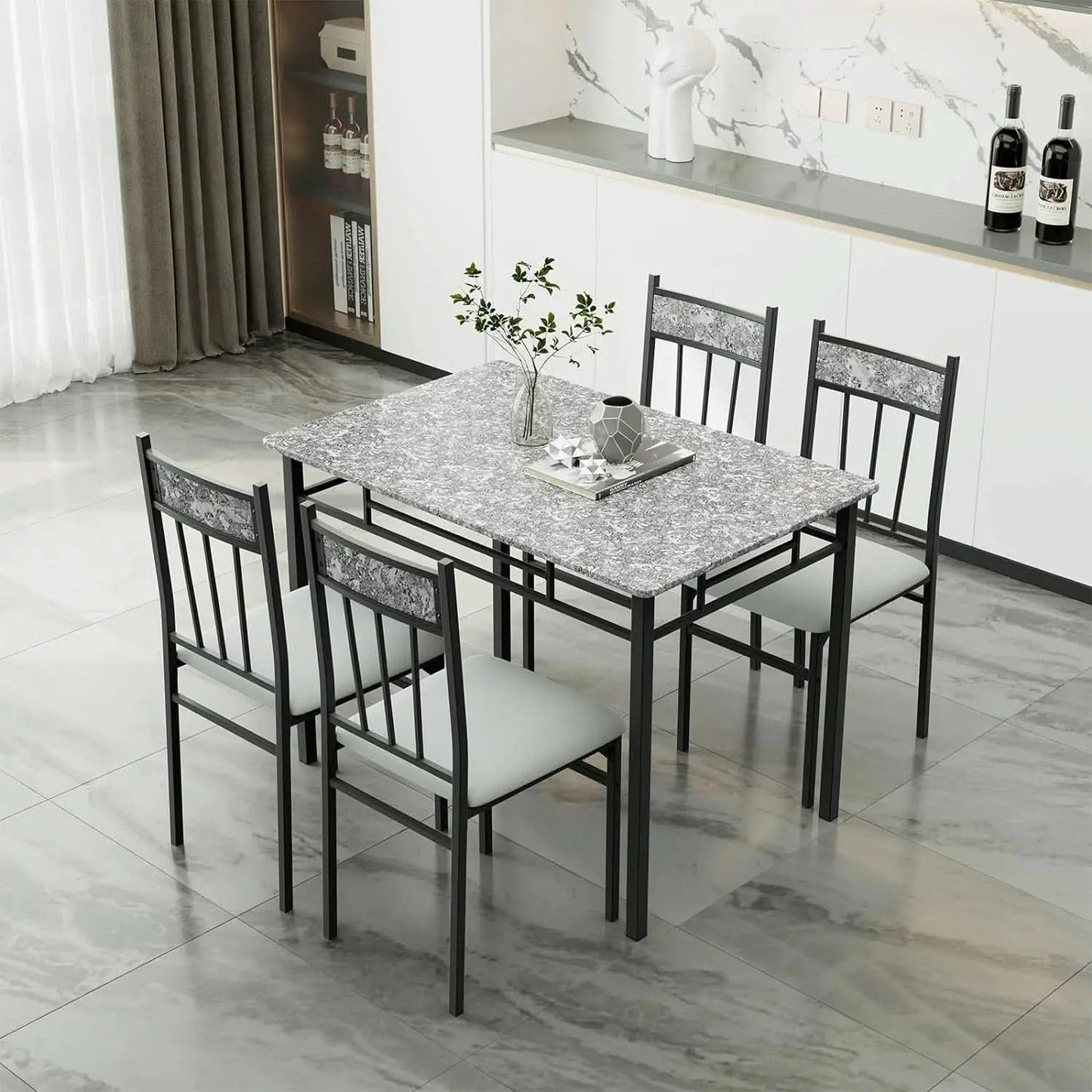 Grey Faux Marble Dining Table Set For 4 With Padded Chairs from PriceLows™