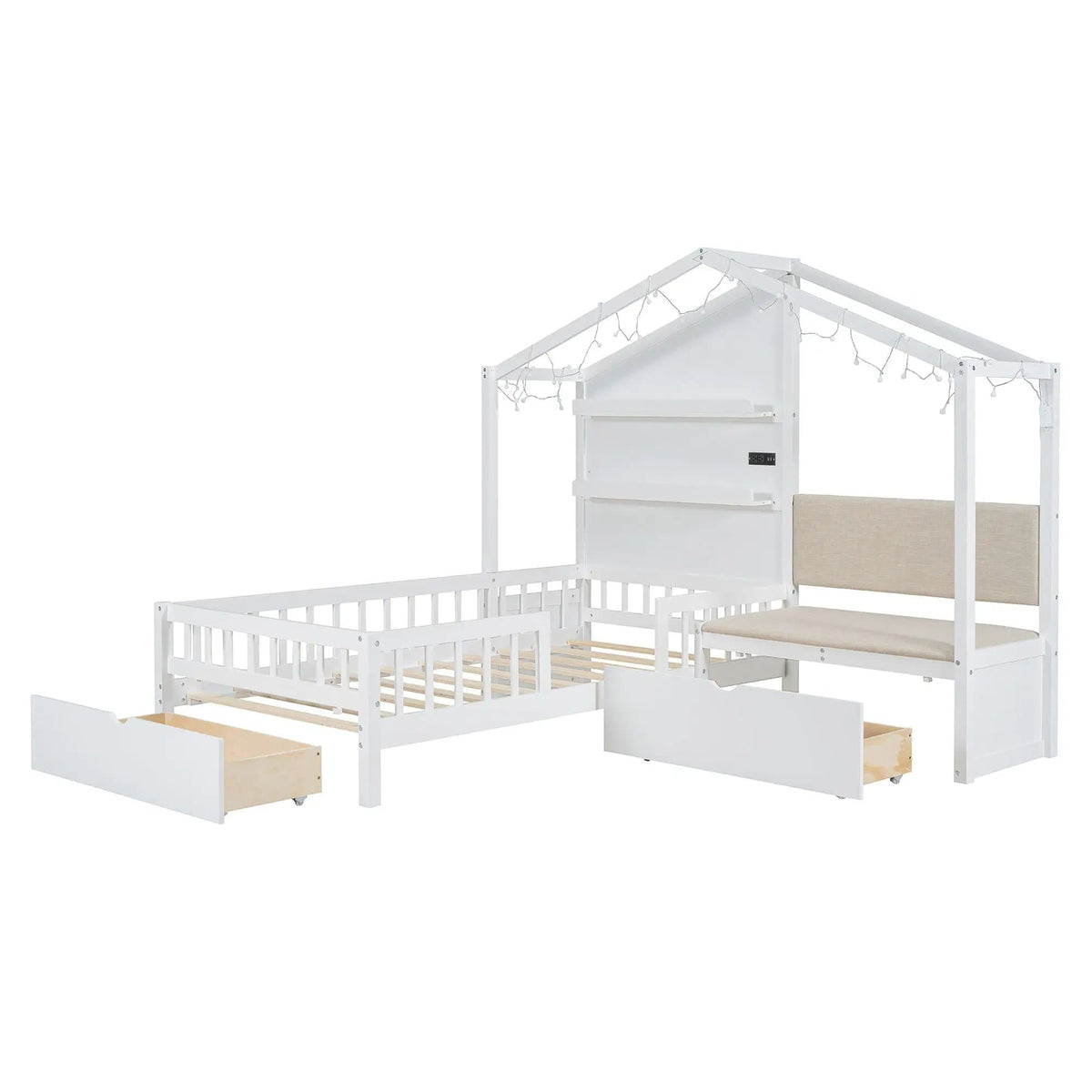 House Bed With Upholstered Sofa, Wireless Charging Station, Shelves And 2 Drawers | 2 Pieces | 2-Drawer | Bedroom