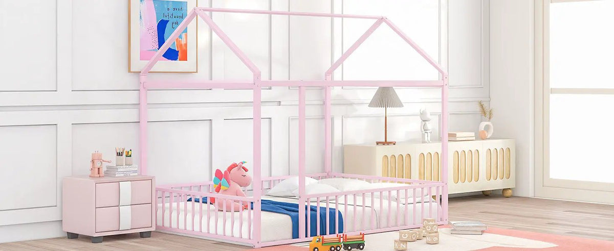 Kids Metal Bed Frame | Roof And Side Fence | Semi Enclosed Space | Three Colors