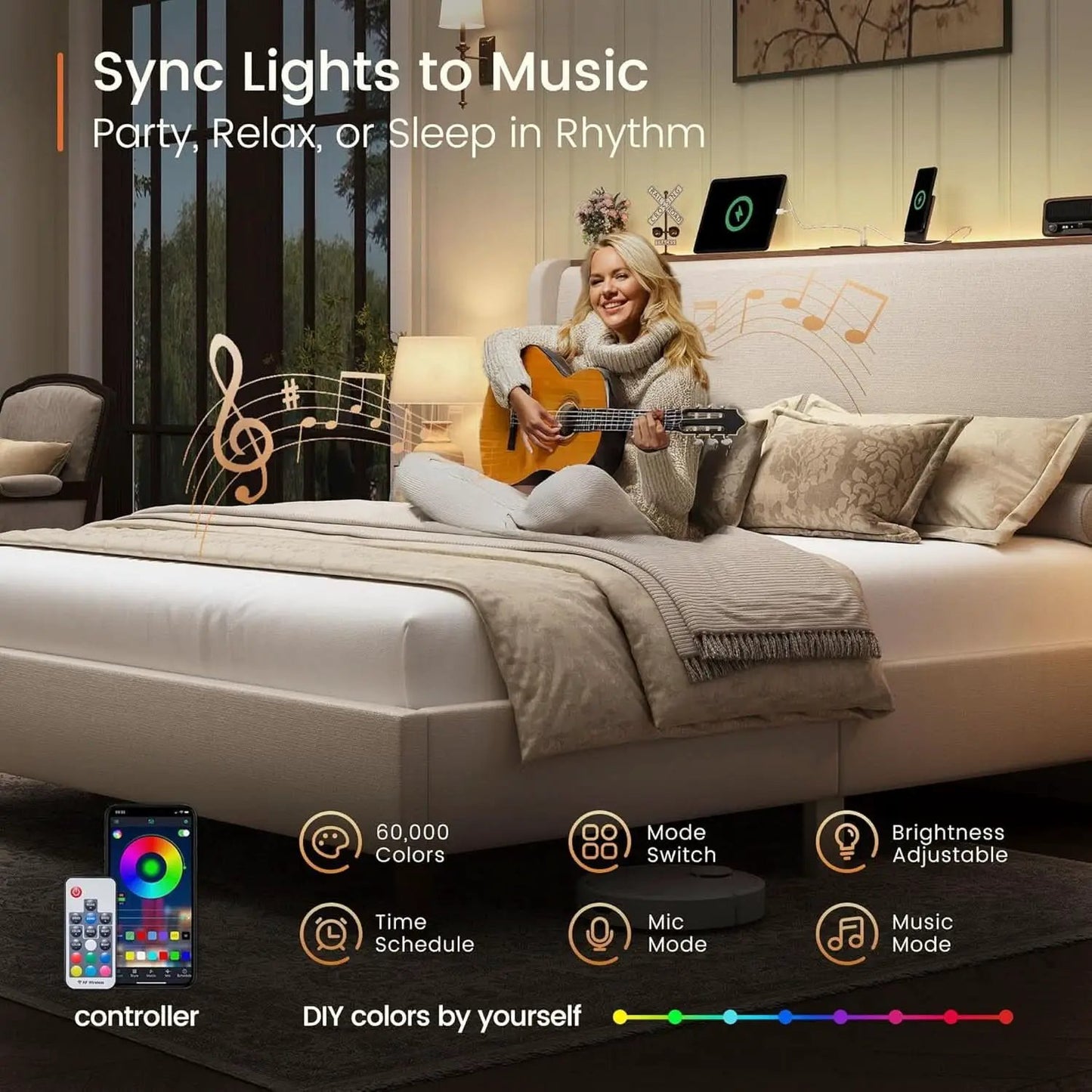 Queen Size Upholstered Bed Frame With LED Lights And USB from PriceLows™
