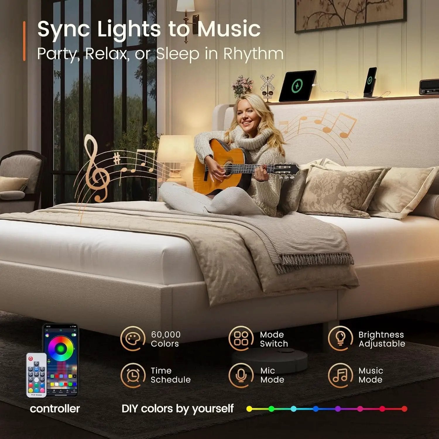 Queen Size Upholstered Bed Frame With LED Lights And USB from PriceLows™