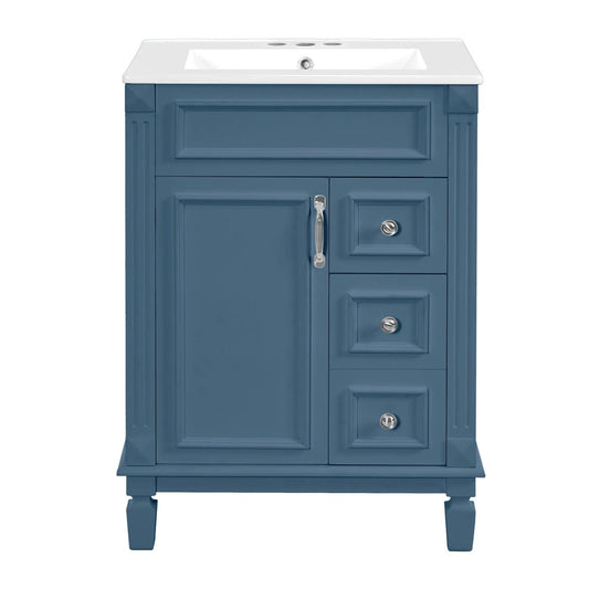 Bathroom Vanity With Ceramic Sink, Compact Cabinet With 2 Drawers And Adjustable | 24 x 18.3 x 34 in | Solid Wood & Ceramic | Blue