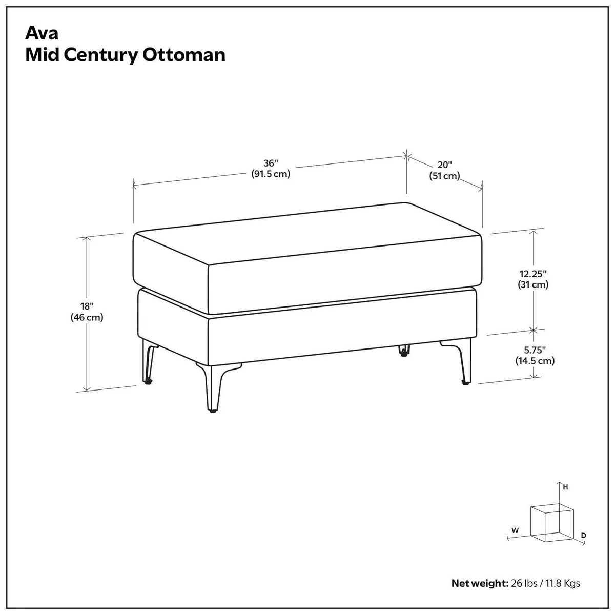 Ava Mid Century Ottoman | Performance Fabric | 100% Recycled Material | 36 Inch Width