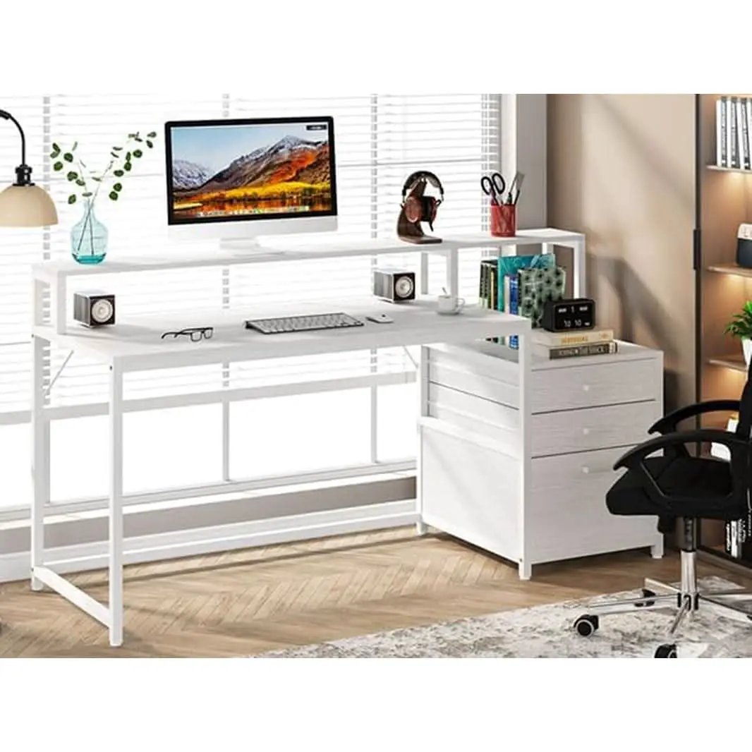 White Computer Desk With File Cabinet And Monitor Stand from PriceLows™