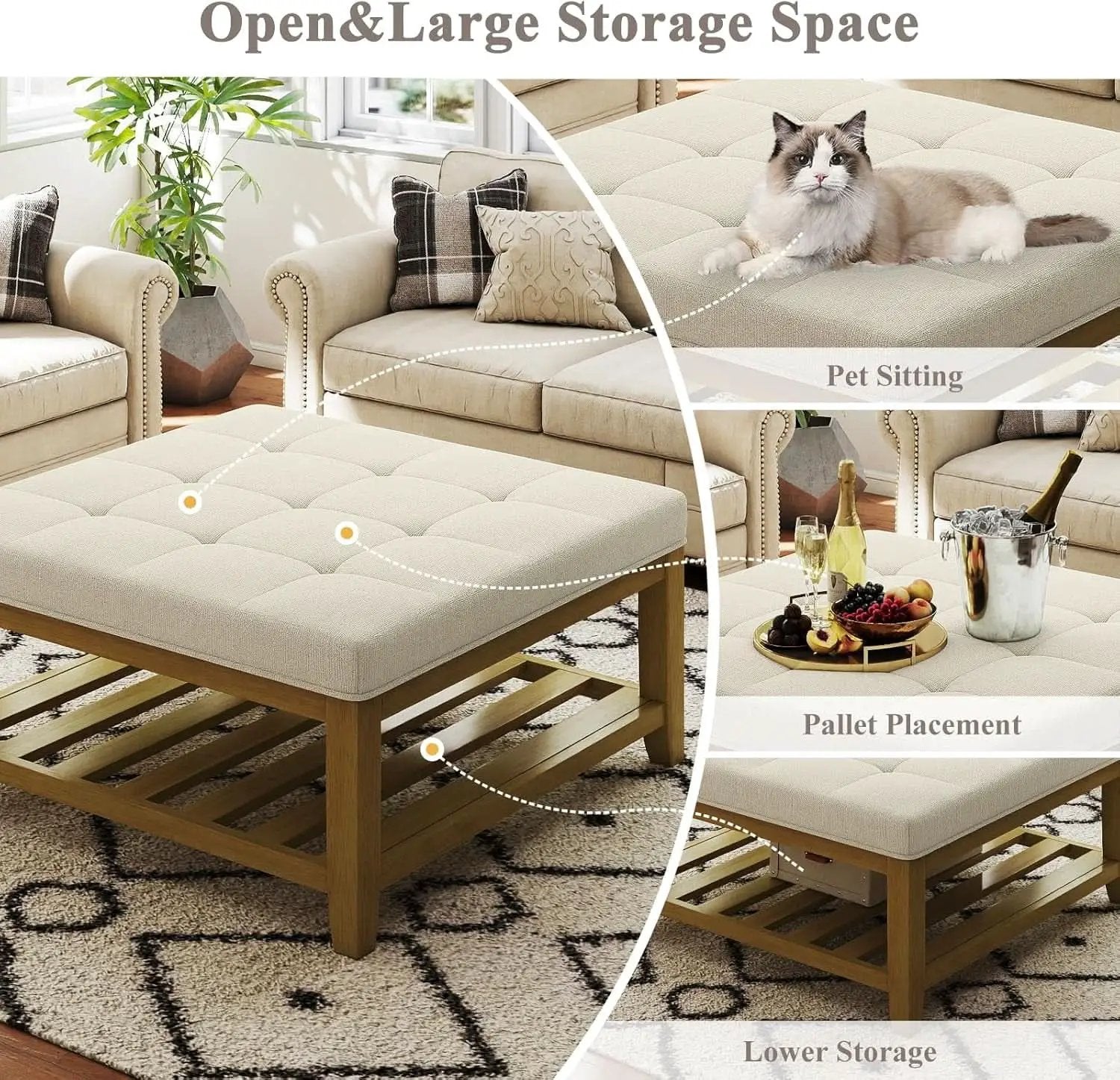 Oversized Ivory Upholstered Ottoman With Wooden Shelf from PriceLows™
