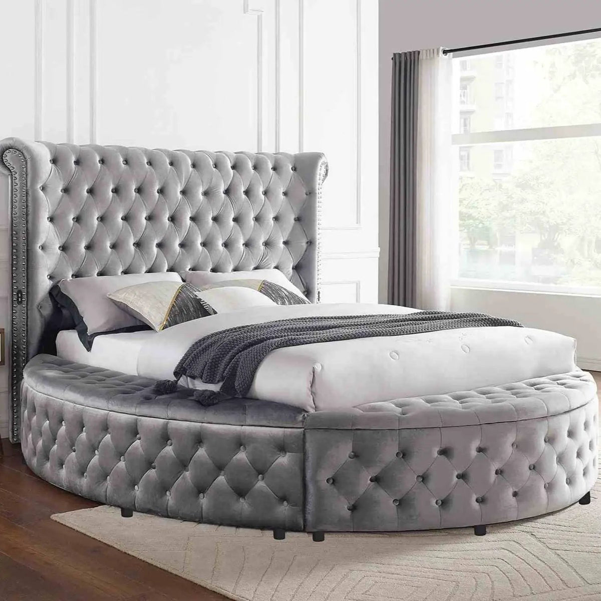 Glam Round Bed | Button Tufted Wingback Headboard | Storage | USB Ports